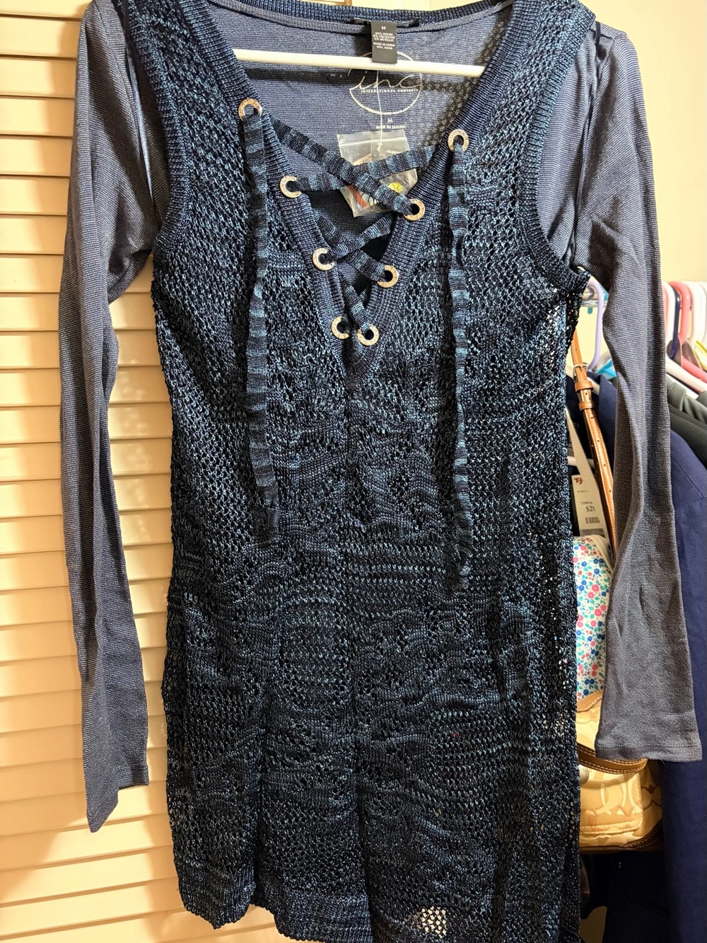 INC International Concepts Metallic Navy and Light Blue Lace-Up Knit Top